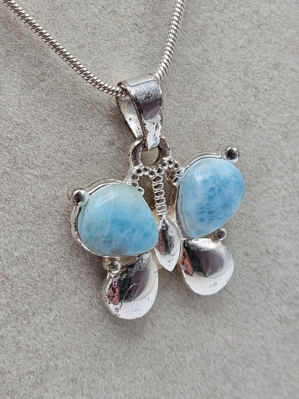 VINTAGE Sterling Silver 925 Larimar Butterfly Pendant Snake Chain Necklace